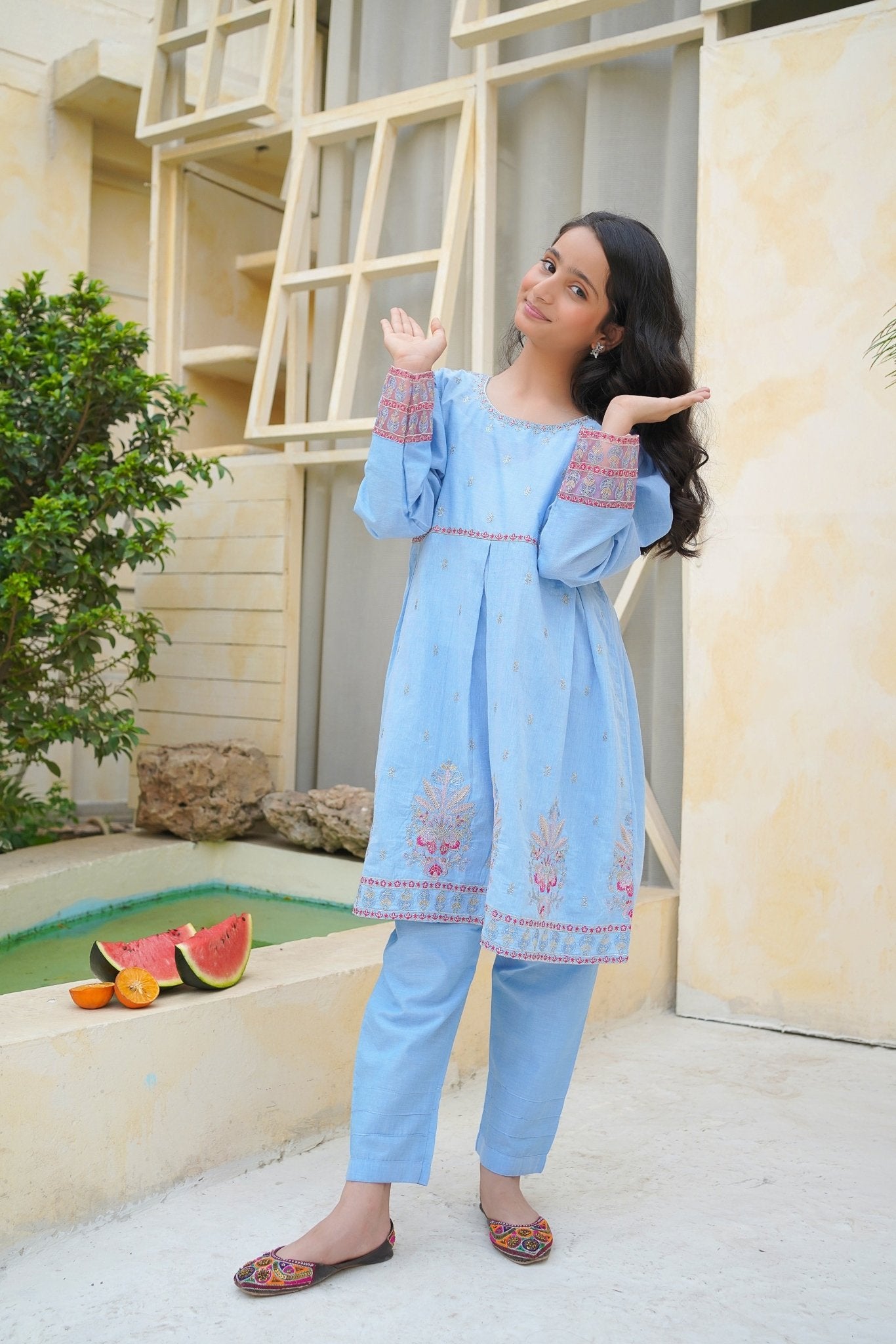 Blue Embroidered Frock with Trouser