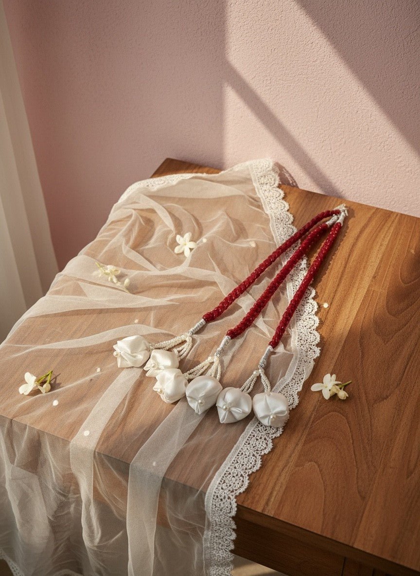 Lily beaded garland with white fabric flower tassels and red braided cords, accented with silver beads.