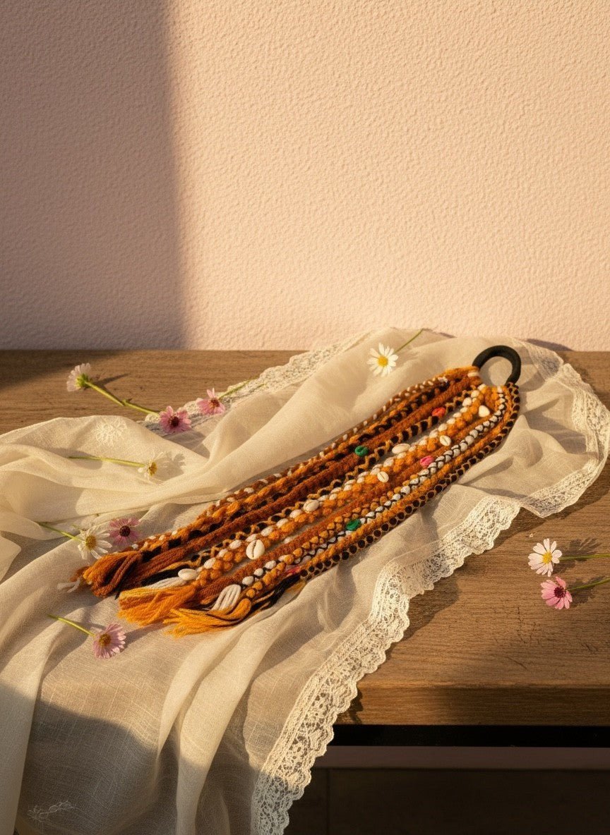 Lily Bohemian braided hair accessory with shells, beads, and yarn in orange, black, and white.