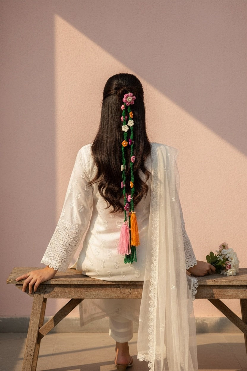 Lily bohemian floral hair accessory with green braided cord, pink, white, orange crochet flowers, and pink, orange, green tassels.