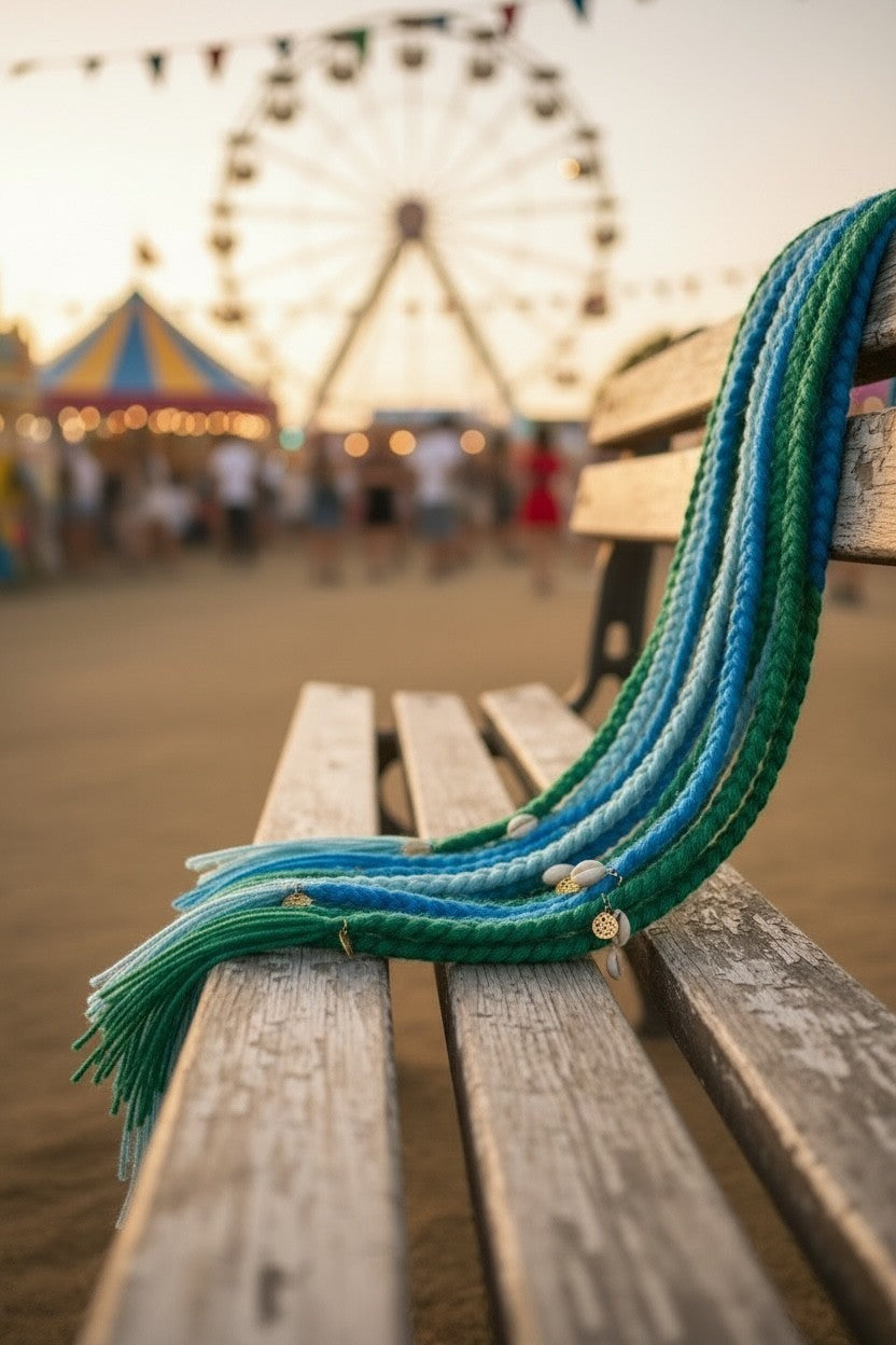 Lily bohemian yarn hair extensions in blue and green with shell charms and tassels, perfect for festival style.
