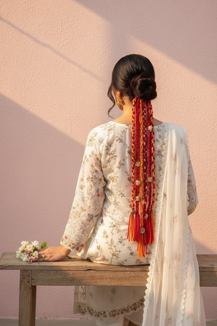 Lily braided hair accessory in red, orange, and yellow threads with metallic charms, attached to a bun.