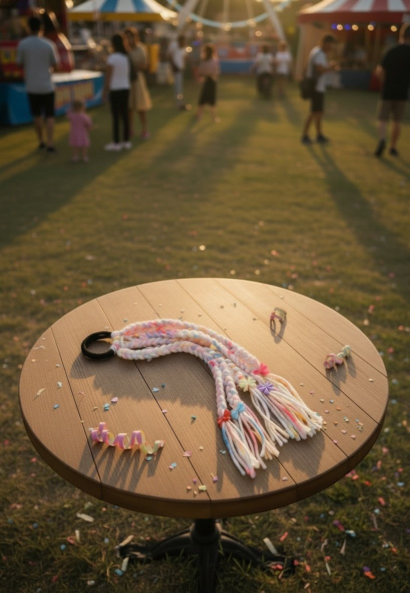 Lily braided hair accessory with pastel pink, blue, and white yarn, featuring floral charms and a black elastic band.