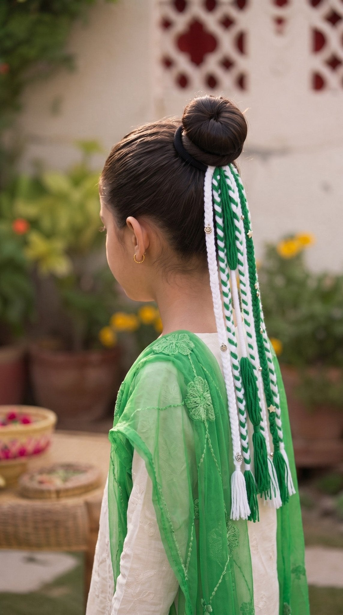 Lily handcrafted braided hair accessory with green and white threads, tassels, and star charms worn in a high bun