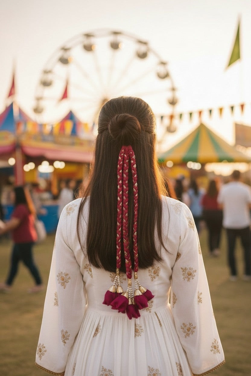 Lily braided fuchsia hair accessory with floral tassels, worn by a woman with dark hair in a bun at a fair.