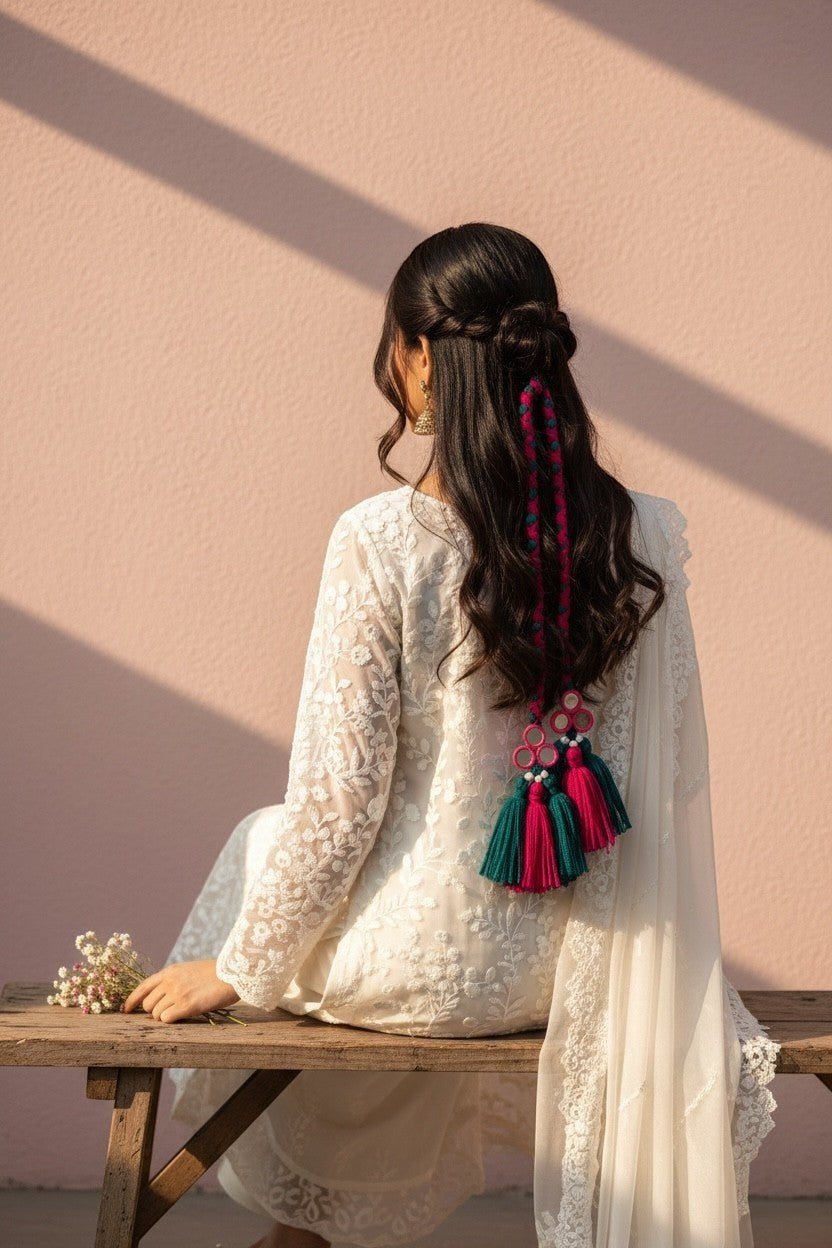 Lily braided hair accessory with teal and fuchsia tassels and mirrored charms, styled in a woman's dark hair.