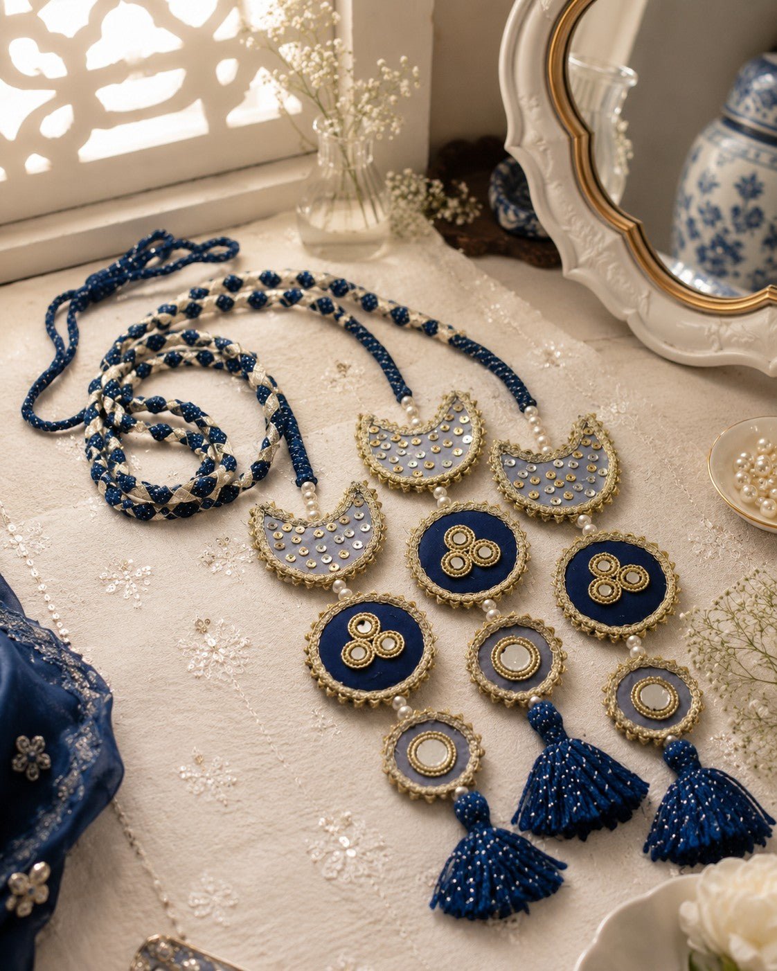 Lily Chaand Rani Paranda hair accessory in navy blue and cream with mirror work, embroidery, and tassel details.