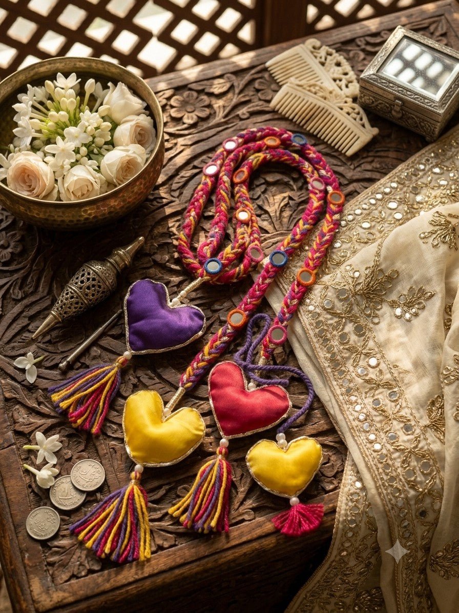 Lily Dilruba Paranda hair accessory with braided pink, purple, and yellow cords, mirror accents, and plush heart charms.