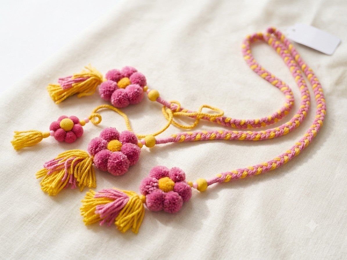 Lily handcrafted pink and yellow braided paranda with floral pom pom accents, tassels, and wooden beads.