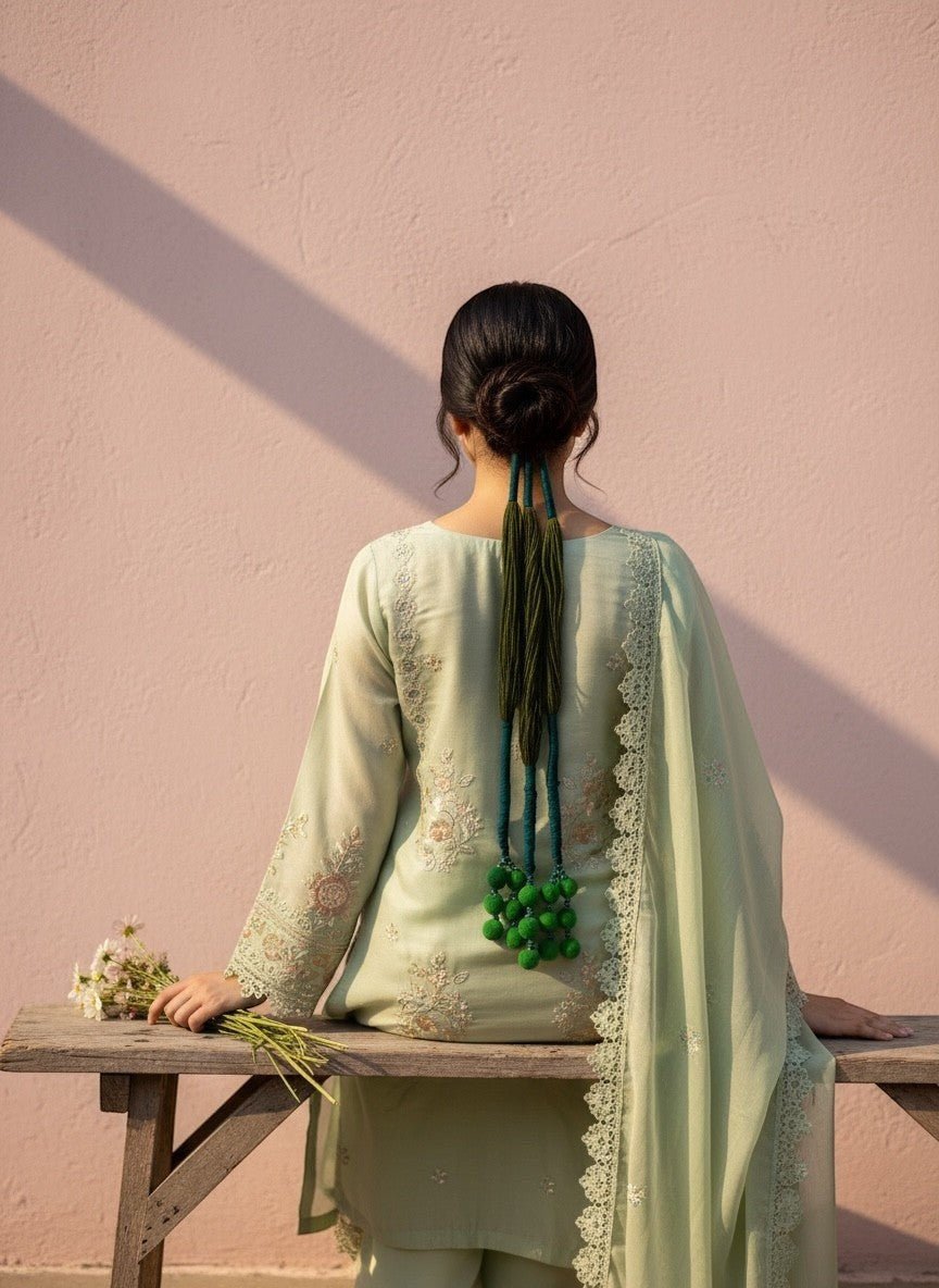 Lily green pom pom necklace with braided cord and teal accents, worn by a woman in a light green outfit.