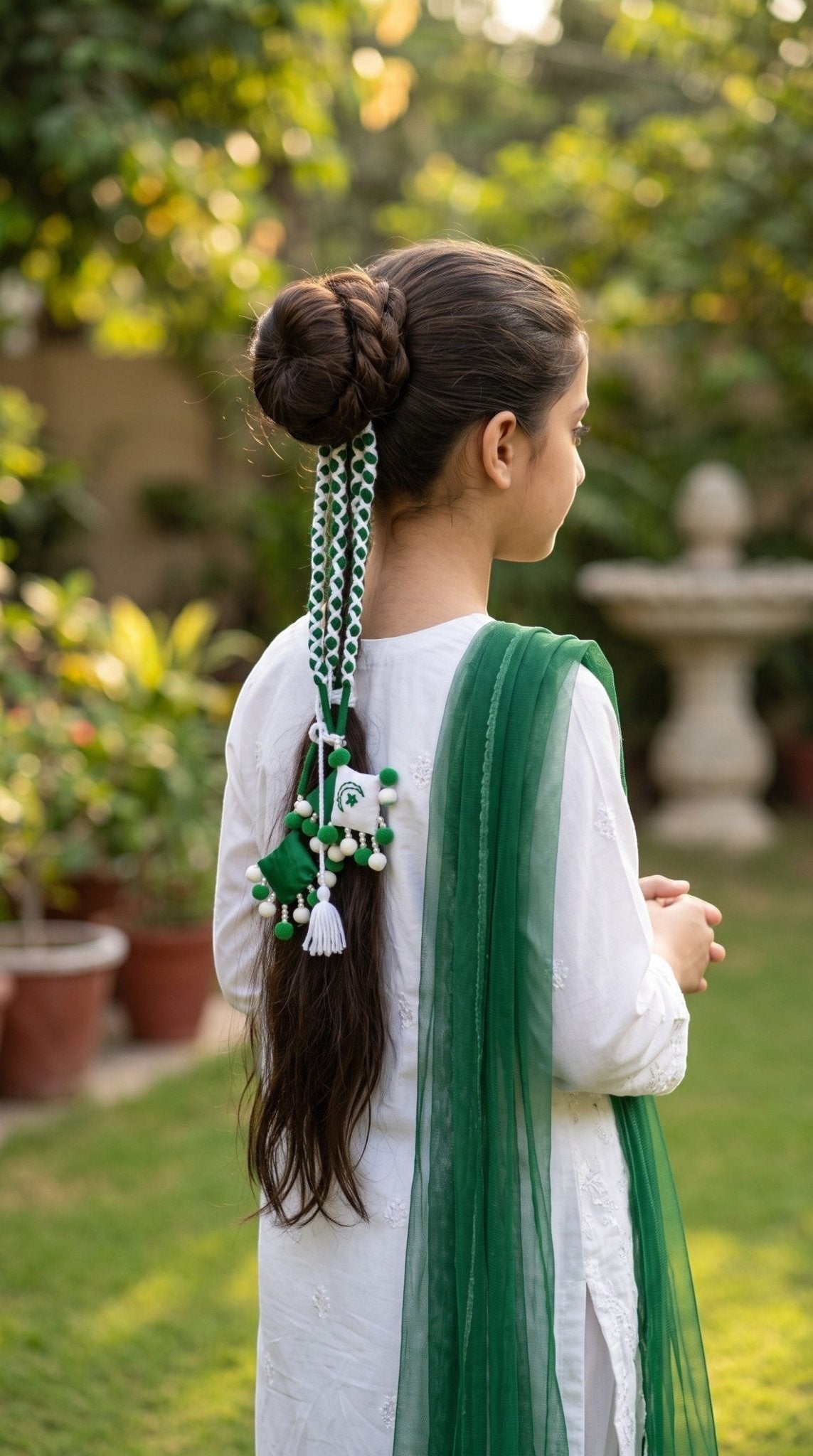 Lily girl wearing a green and white braided hair accessory with pom-poms and a crescent star emblem for 14 August.