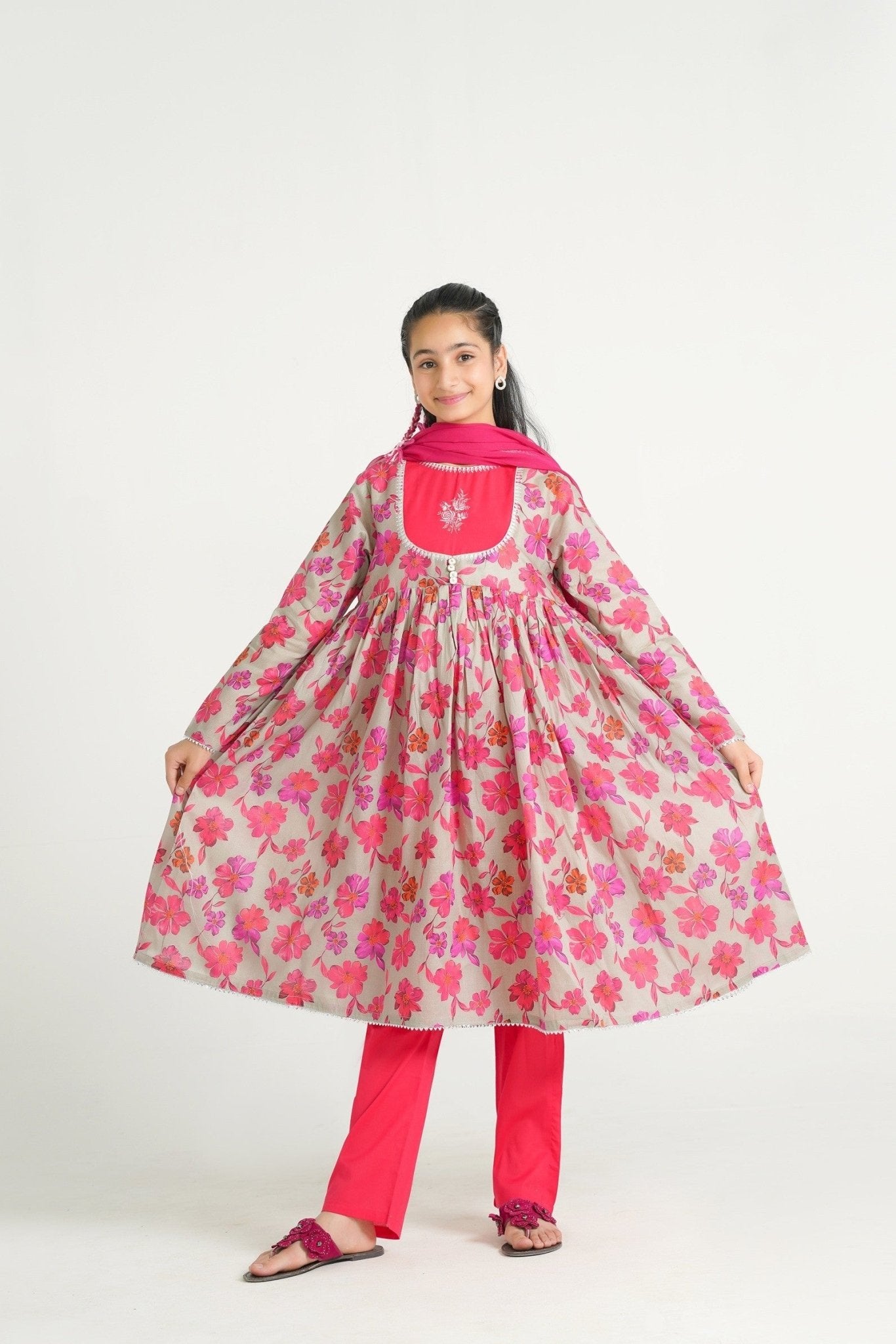 Lily grey floral print gathered kurta with hot pink yoke, embroidery, and silver trim, paired with matching pants and dupatta.