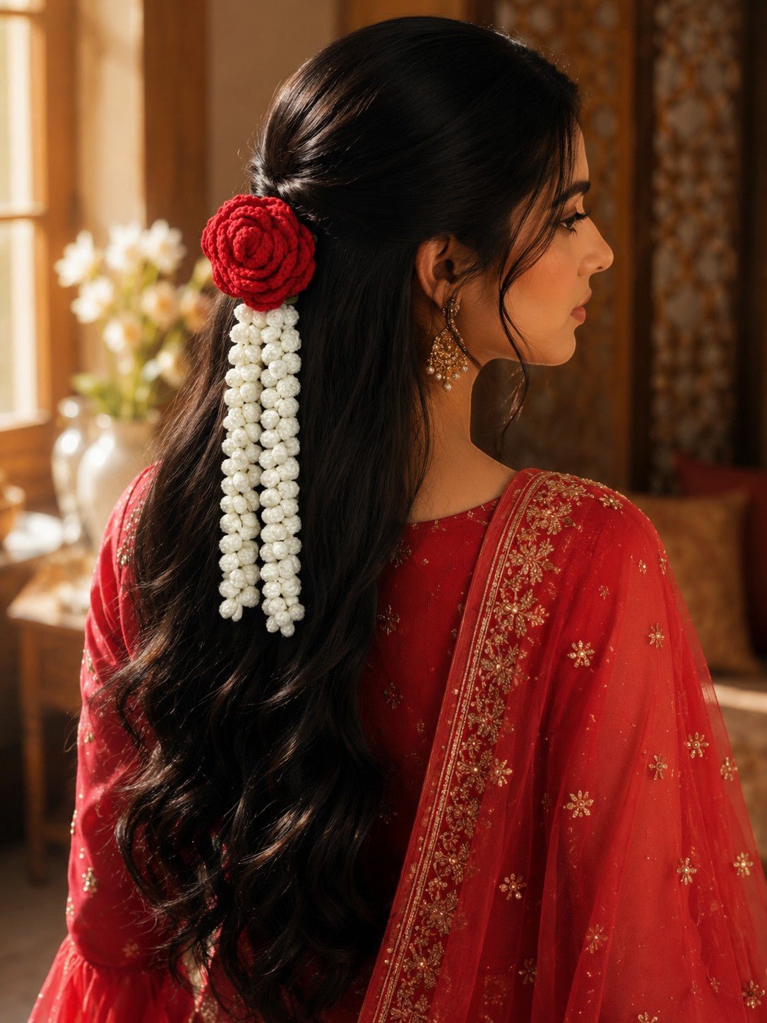 Lily handmade crochet hair accessory with a red rose and cream jasmine strands worn by a woman in a red outfit