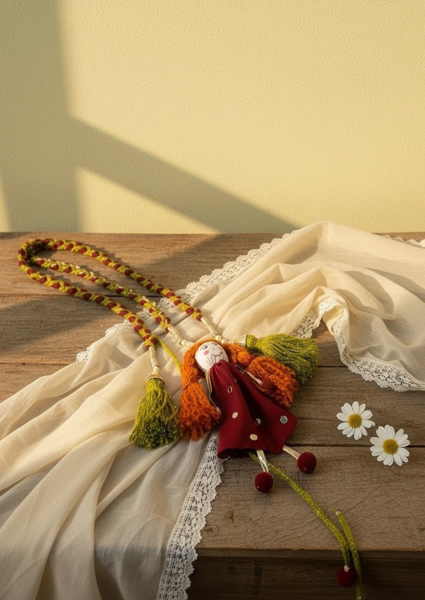 Lily handmade fabric doll necklace with red polka dot dress, orange yarn hair, green tassels, and red pom-pom feet.