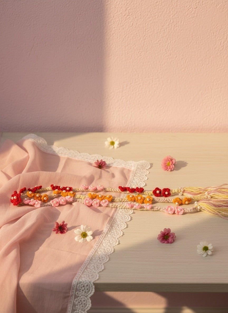 Lily handmade floral beaded necklace with pink, orange, red flowers and cream tassel. Crocheted garland style.