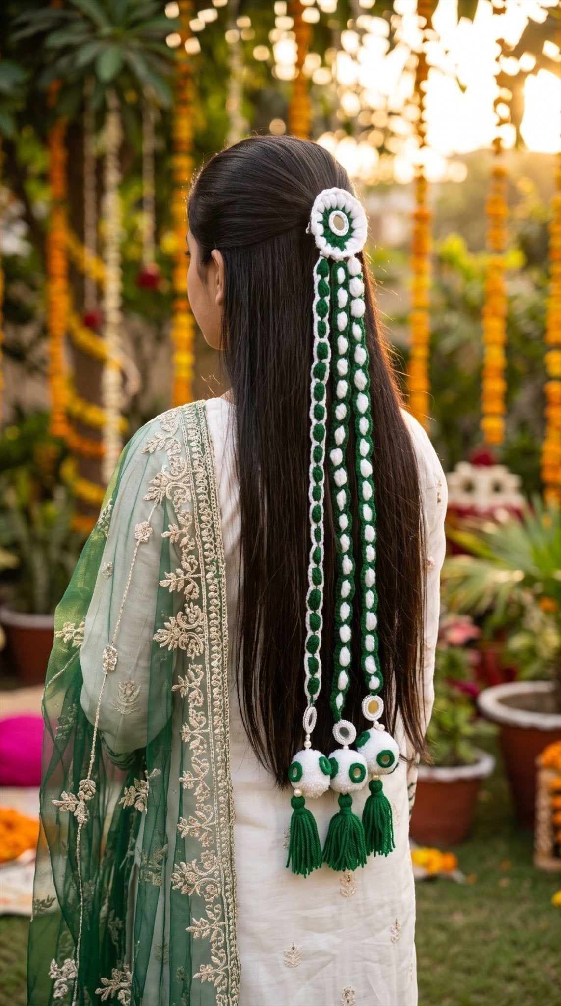 Lily Independence Day decorative hair braids in green and white crochet with mirror work and tassels on a woman
