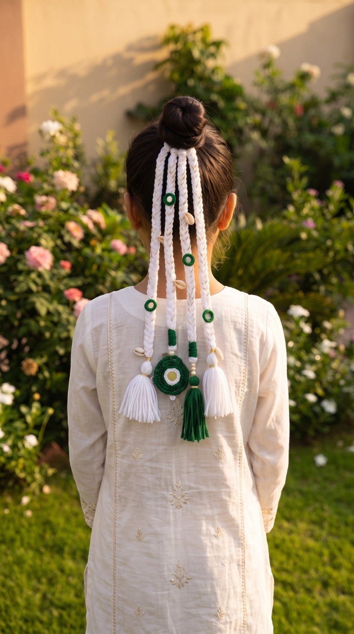 Lily Independence Elegance Braids hair accessory with green and white cords, seashells, and tassels on a high bun.