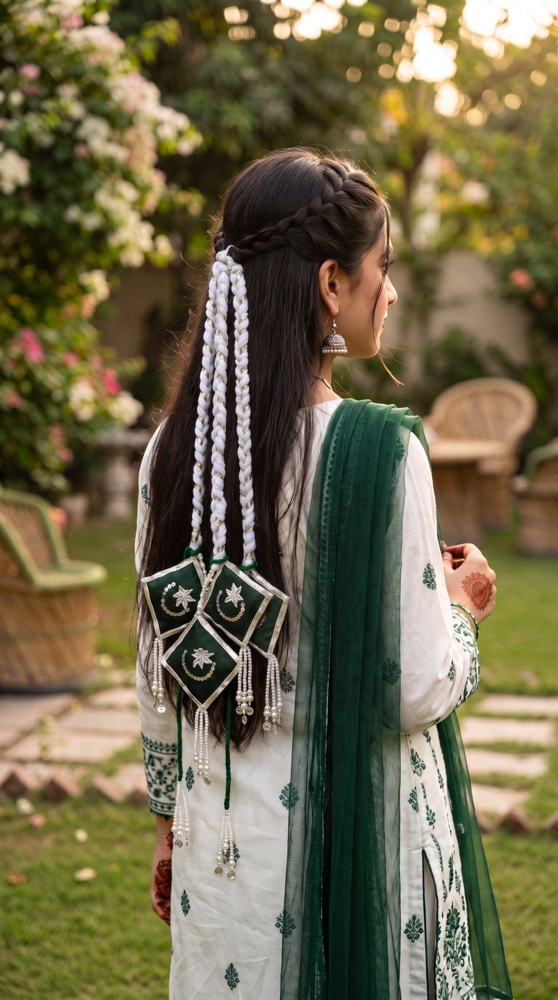 Lily Jashan-e-Azadi hair paranda with green and white embroidered diamond patches, pearl beads, and silver charms.