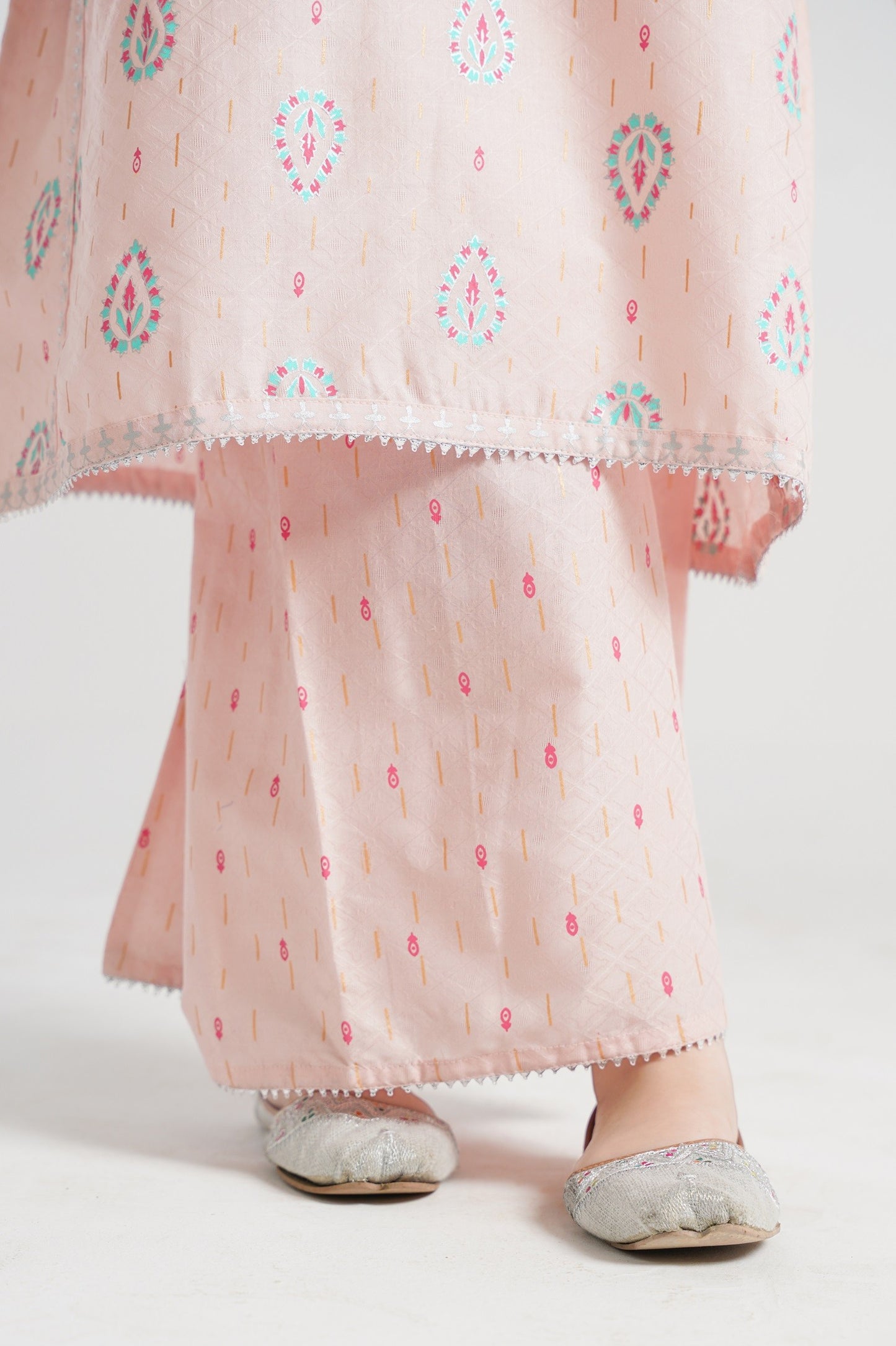 Lily pink embroidered tunic and palazzo pants set for girls with teal and gold print, V-neck, and silver trim.