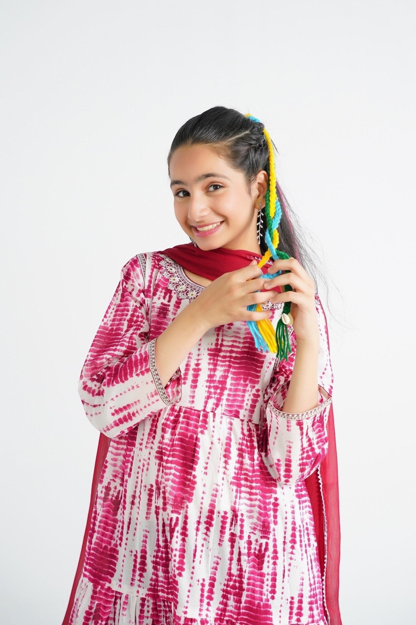 Lily tiered cotton kurta set in pink and white tie-dye with embroidered neckline and maroon dupatta.