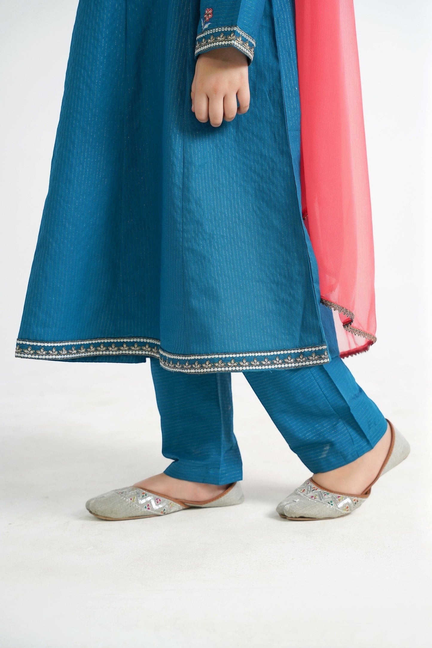 Lily teal embroidered Anarkali suit set for girls with coral dupatta and matching pants. Flared kurta with floral embroidery.