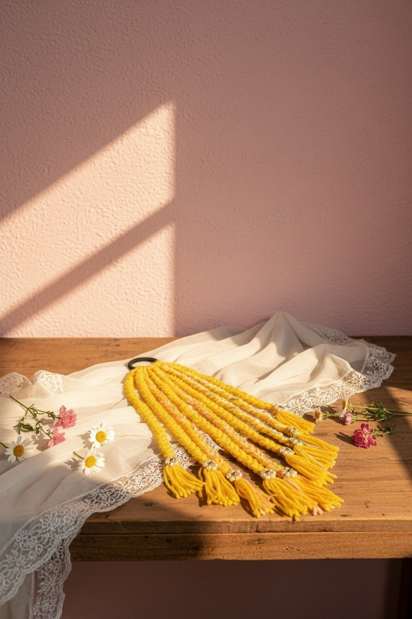 Lily sunny yellow braided hair accessory with tassels and bead embellishments, attached to a ponytail.