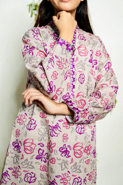 Purple Rose Printed 2pc with Emb Sleeves & Neck - Lily