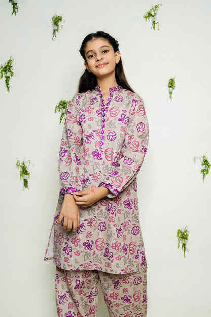 Purple Rose Printed 2pc with Emb Sleeves & Neck - Lily