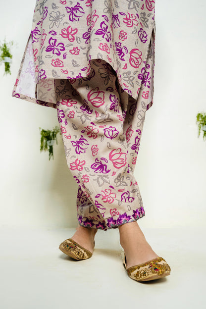 Purple Rose Printed 2pc with Emb Sleeves & Neck - Lily