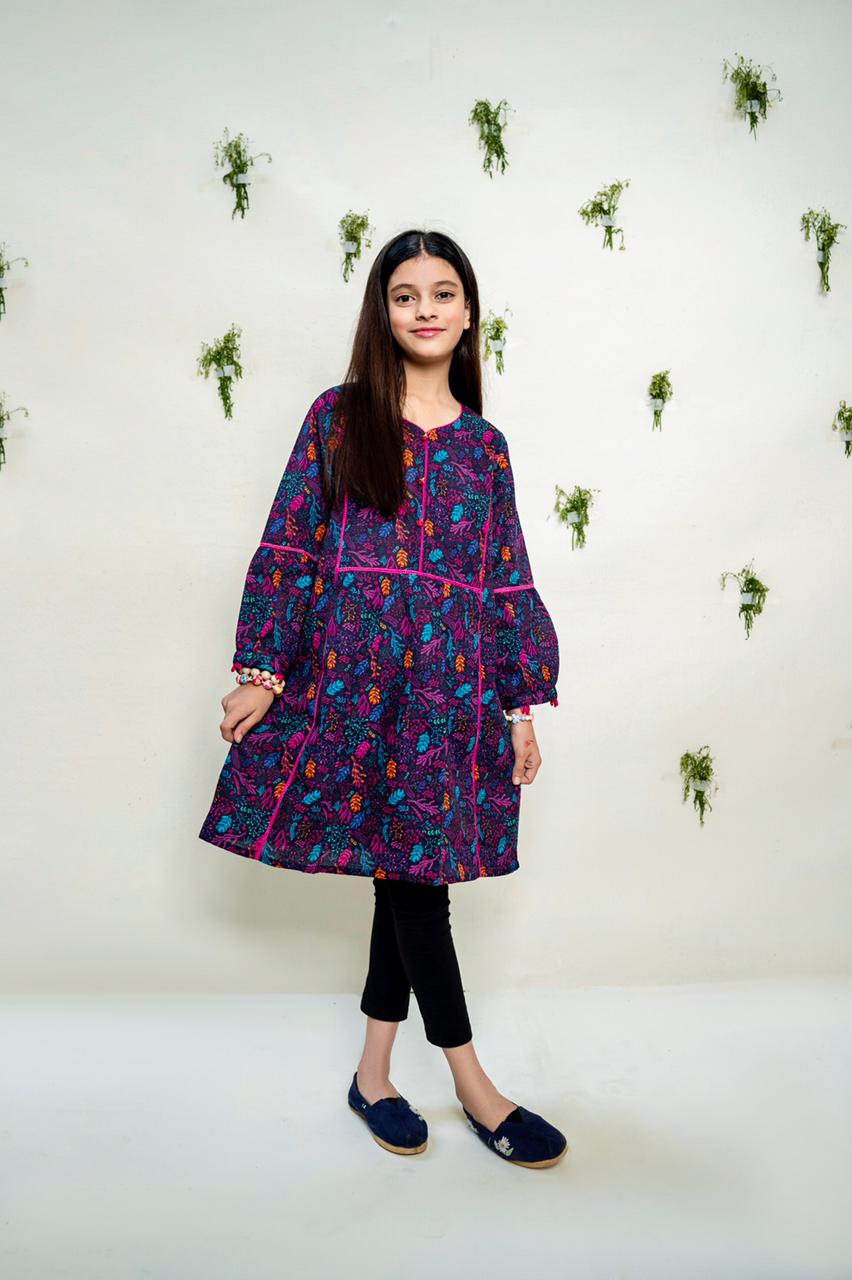 purple frock printed multi color leaf