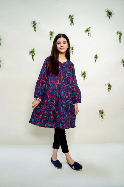 purple frock printed multi color leaf