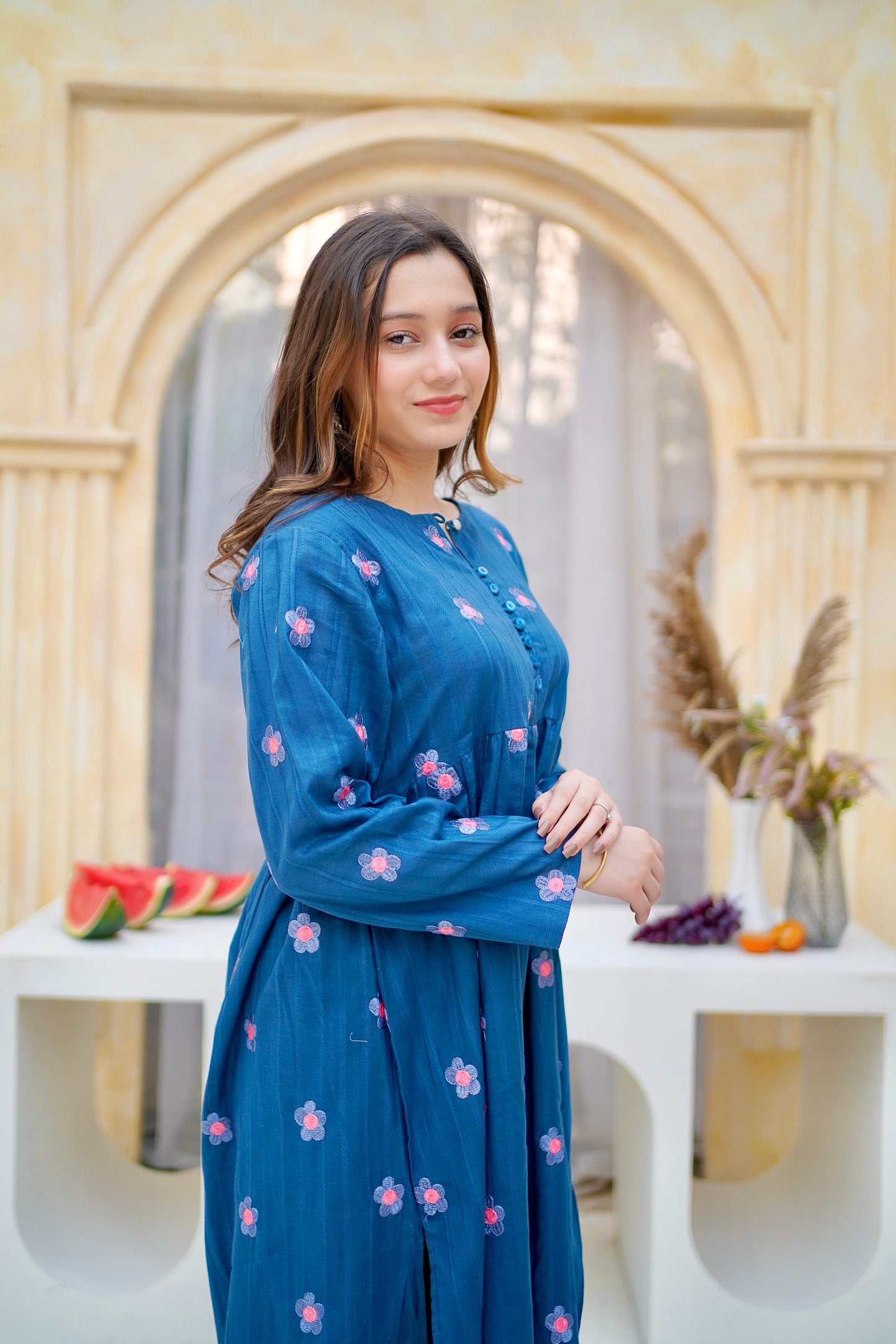 Embroidered Blue Long Frock With Trouser