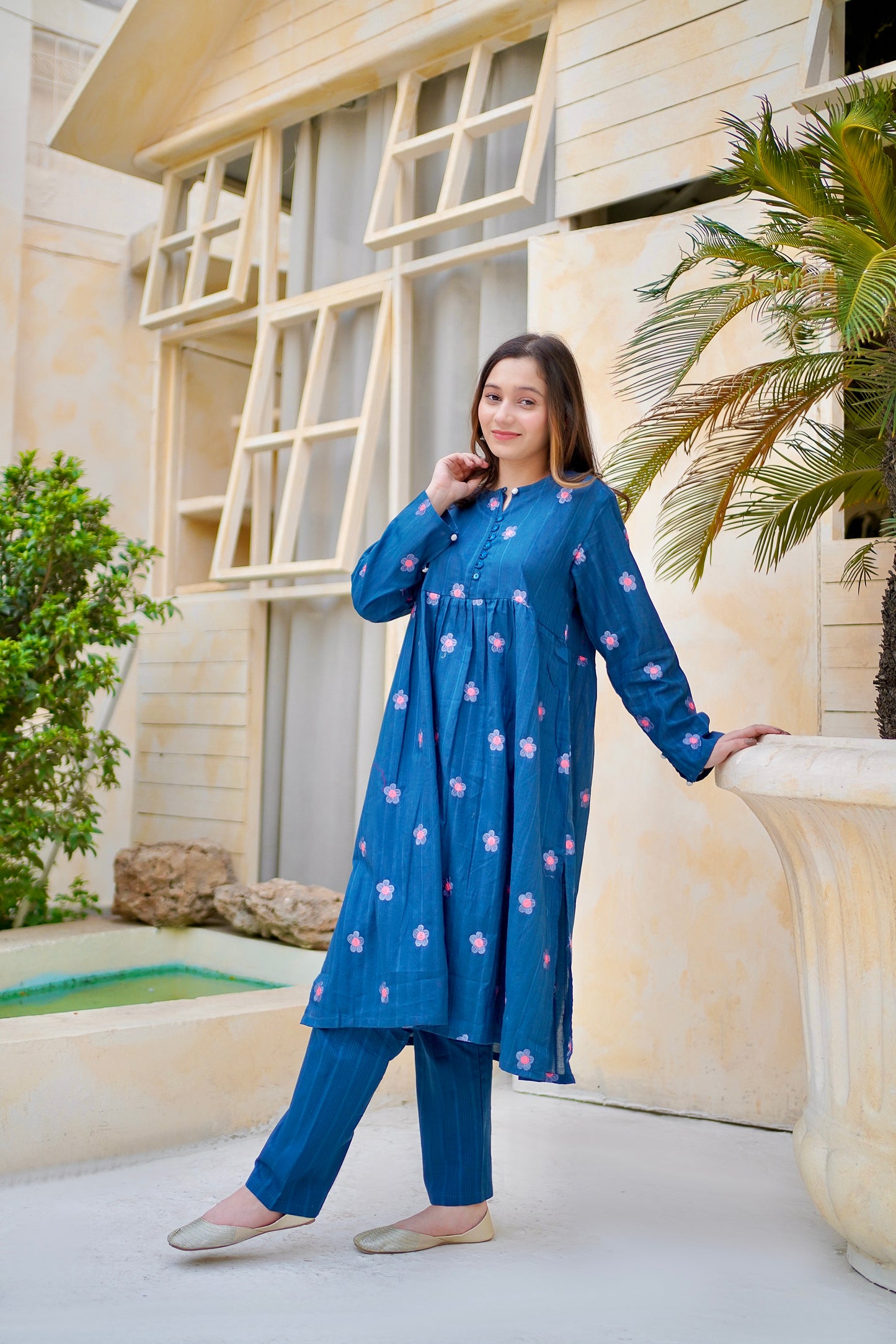 Embroidered Blue Long Frock With Trouser