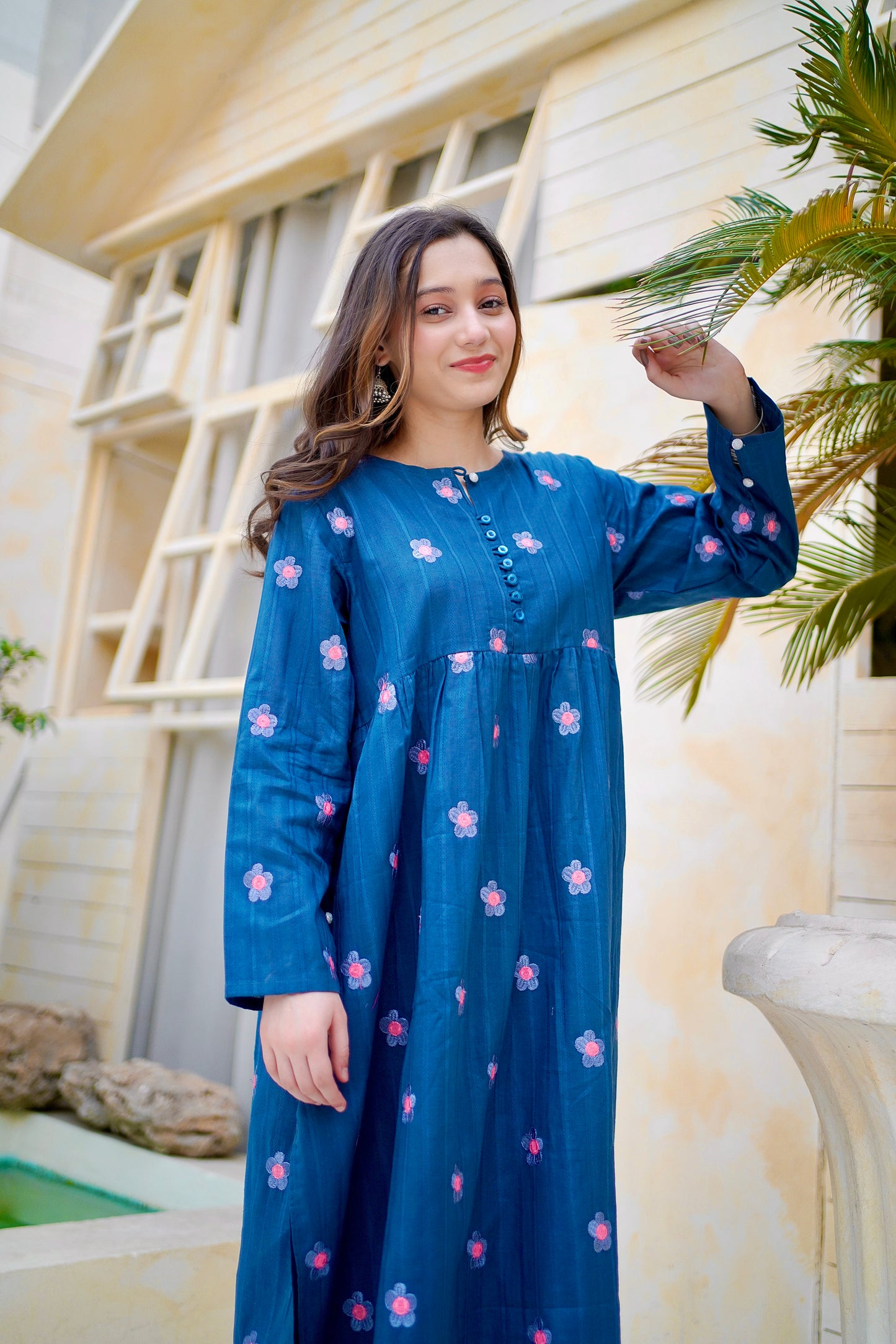 Embroidered Blue Long Frock With Trouser