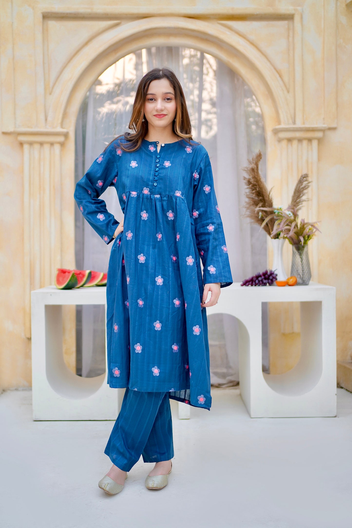 Embroidered Blue Long Frock With Trouser