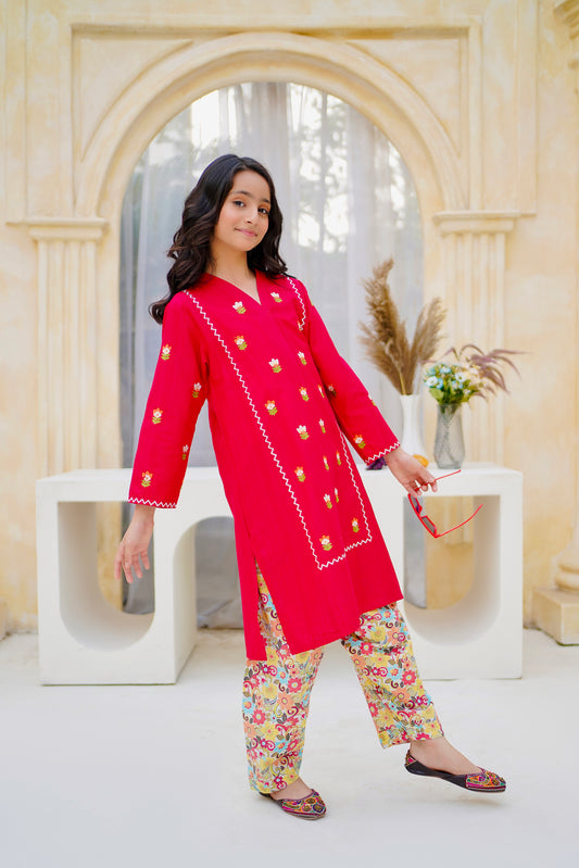 Embroidered Red Shirt with Printed Trouser