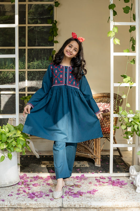 Blue Embroidered Frock 2pc