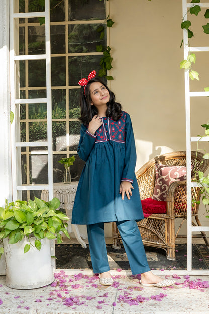 Blue Embroidered Frock 2pc