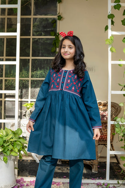 Blue Embroidered Frock 2pc