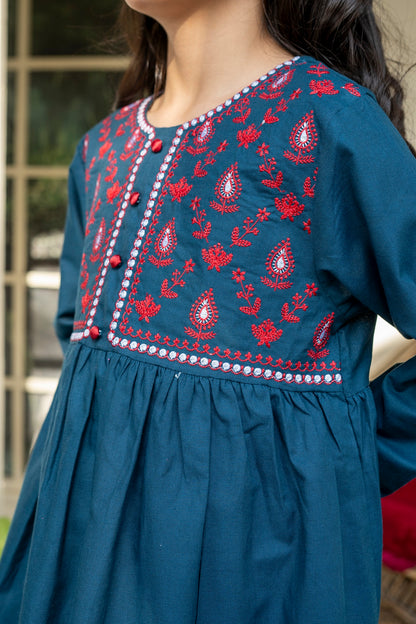 Blue Embroidered Frock 2pc