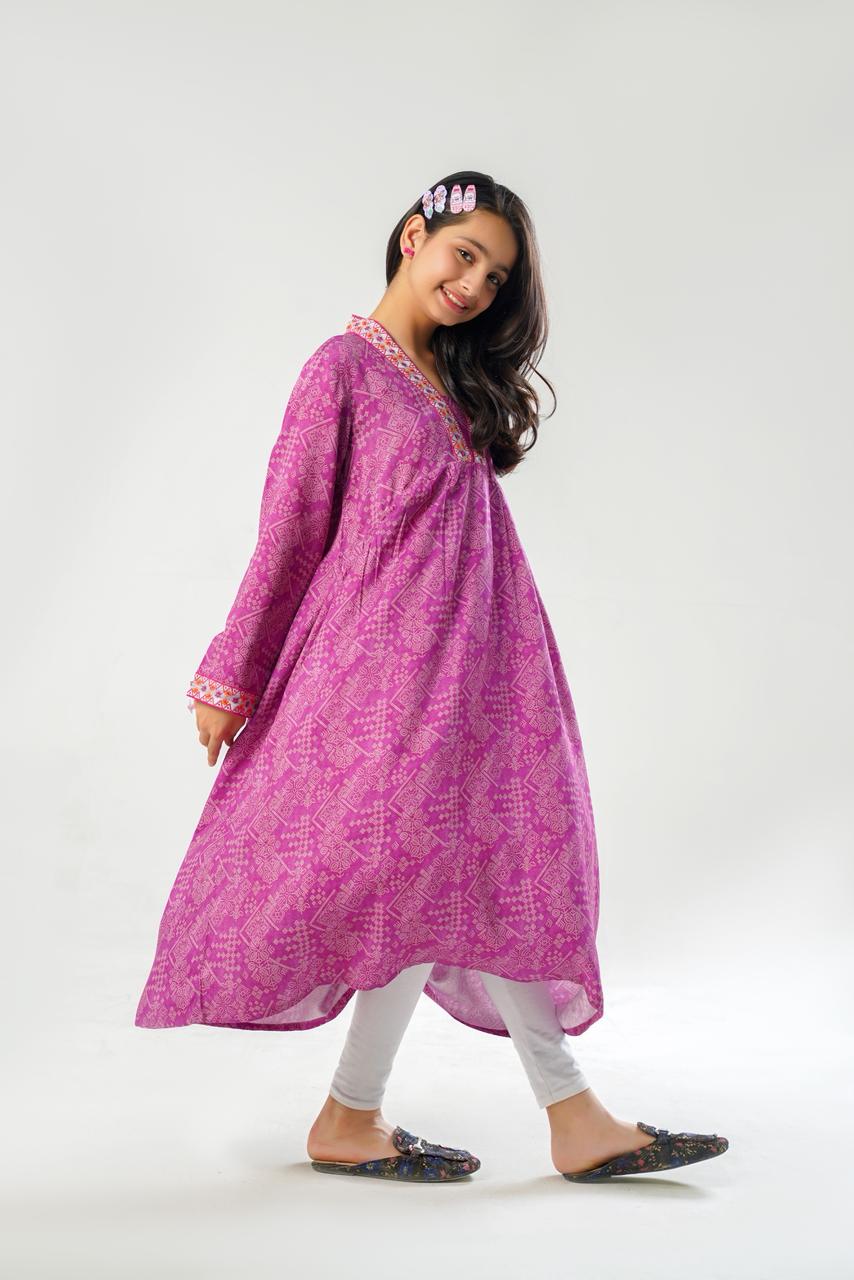 purple geometric print Long Frock