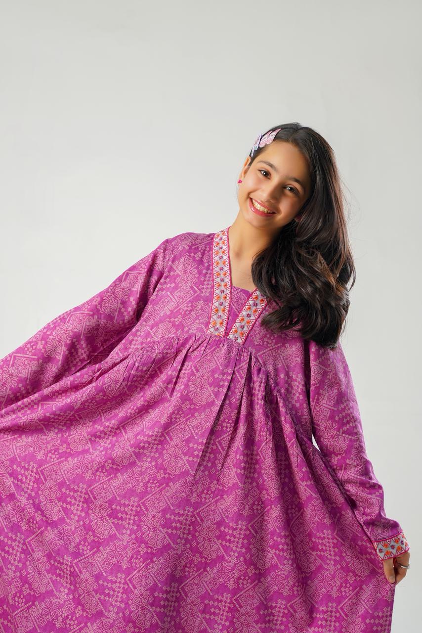 purple geometric print Long Frock