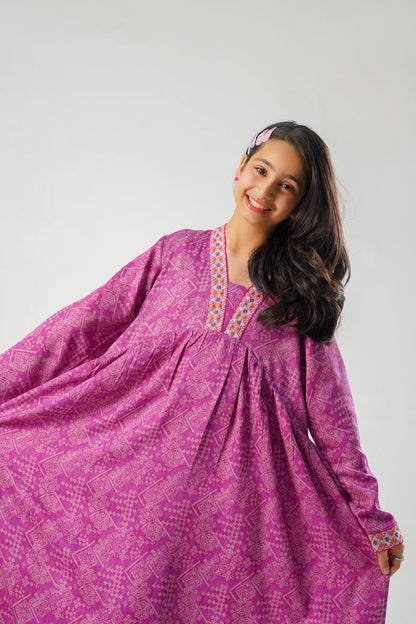 purple geometric print Long Frock