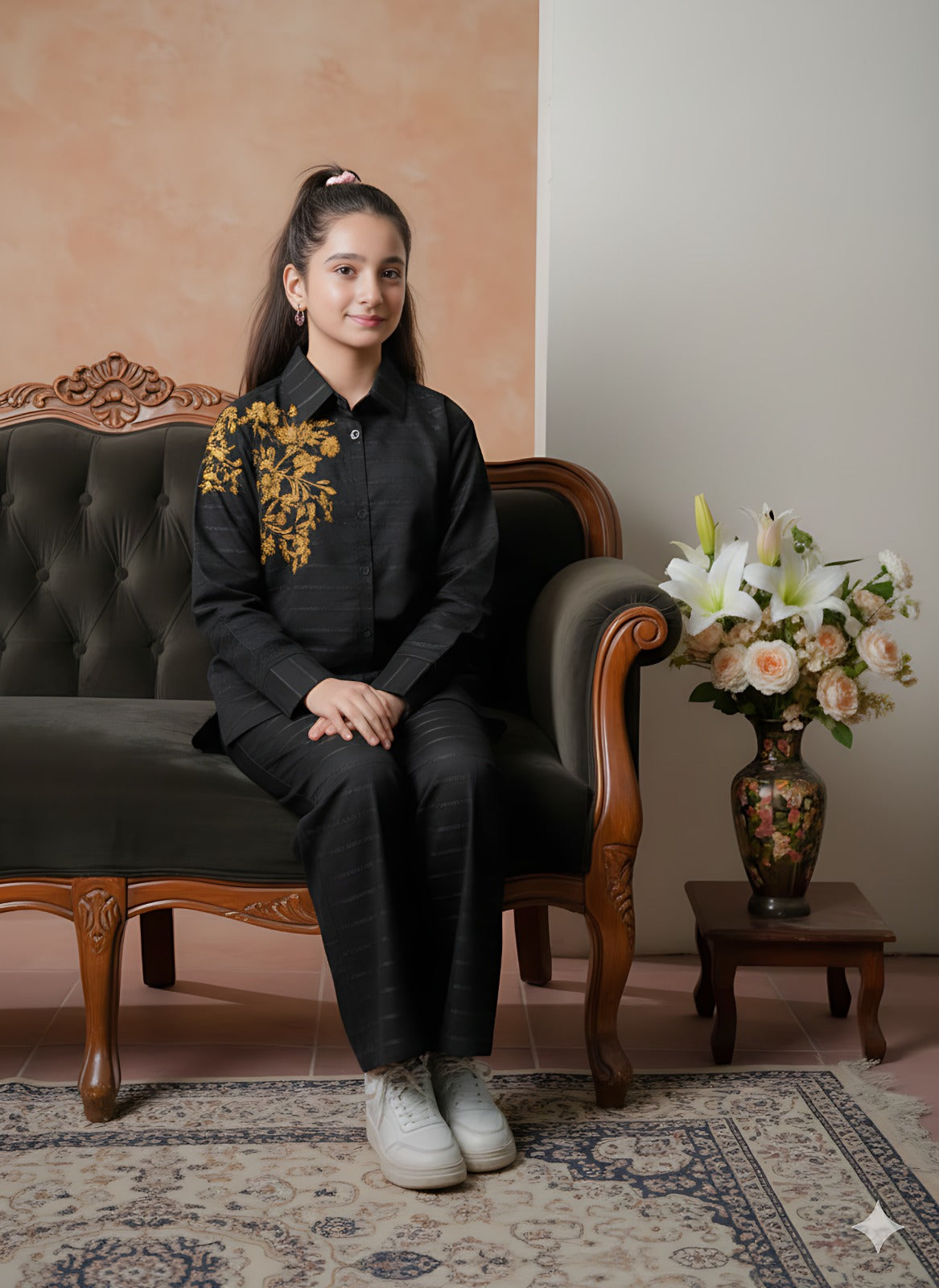 Woman sitting on a vintage sofa in a room with a vase of flowers on a table.