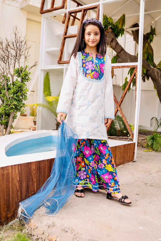 Lily Blue Emb Gharara 3pc Set - Lily