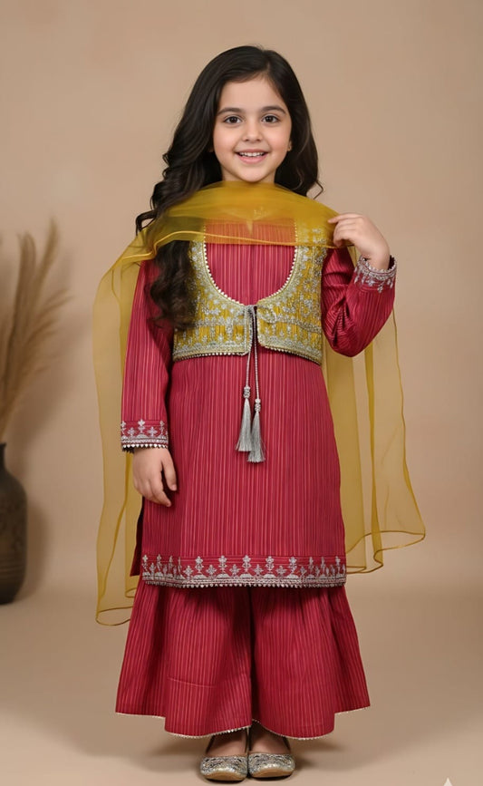 Pink Gharara set with yellow koti