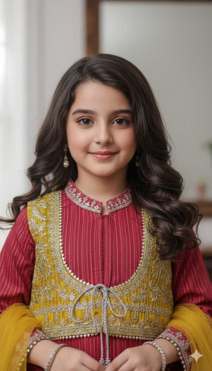 Pink Gharara set with yellow koti