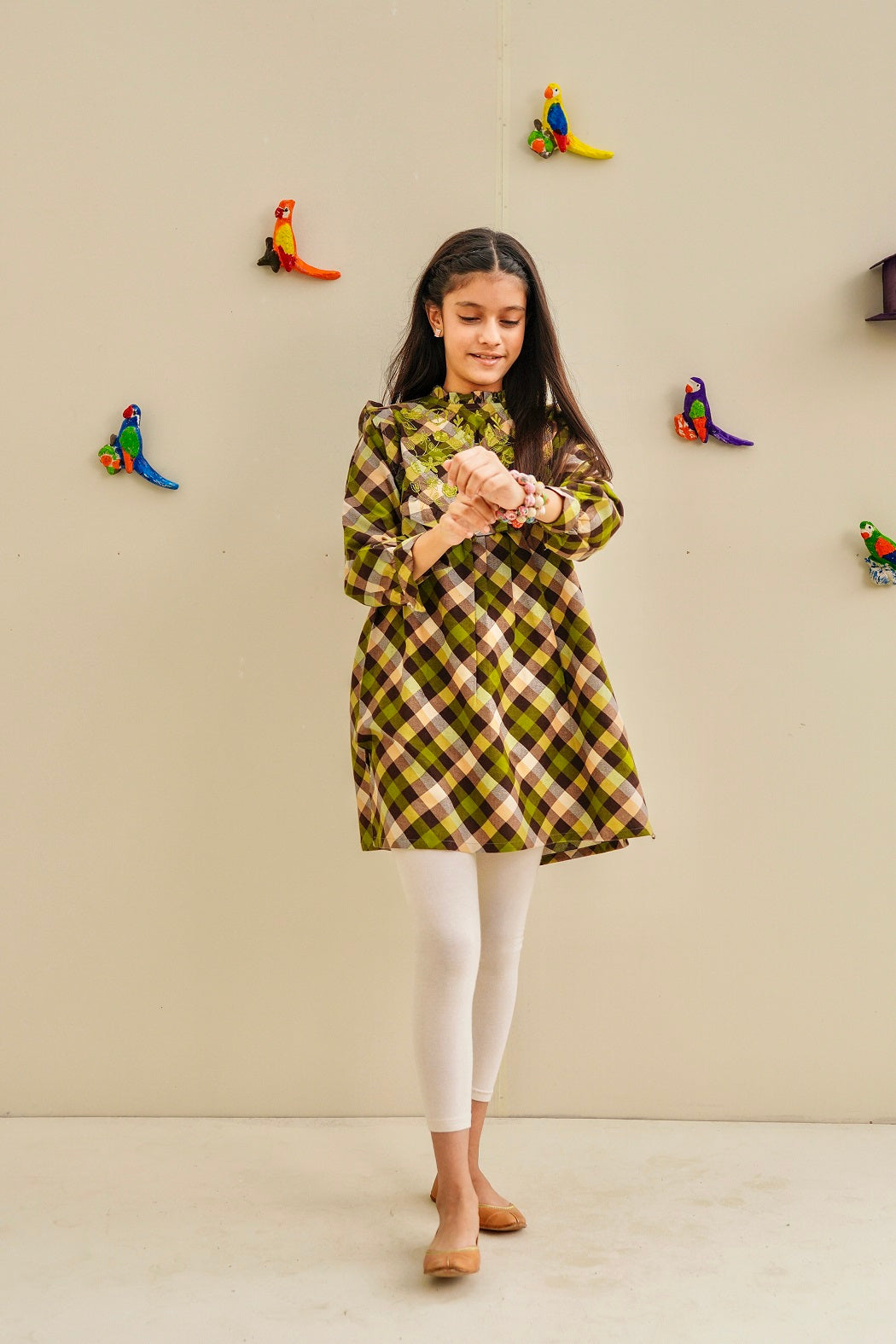 green check print woolen shirt lily frock