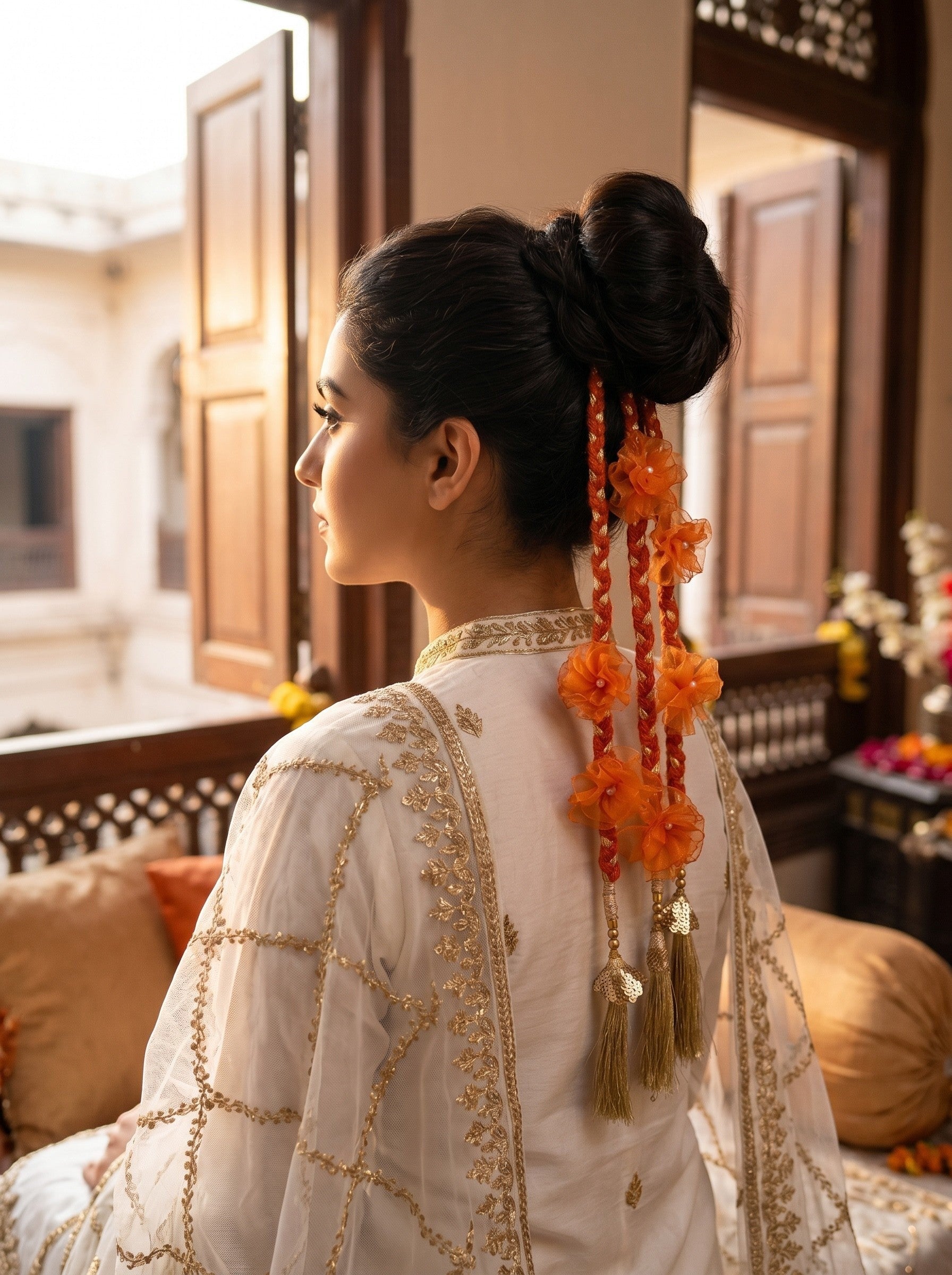 Lily Aamrass Blossom Paranda in orange with floral accents and gold tassels worn in a braided bun hairstyle.