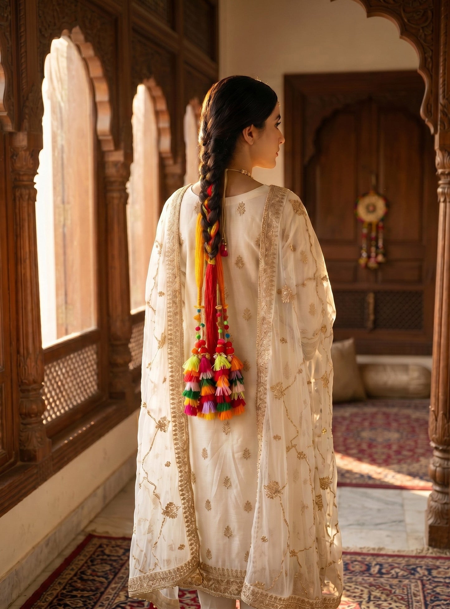 Lily Basanti Paranda hair accessory with vibrant multi-colored tassels, beads, and pom-poms braided into a woman's hair.